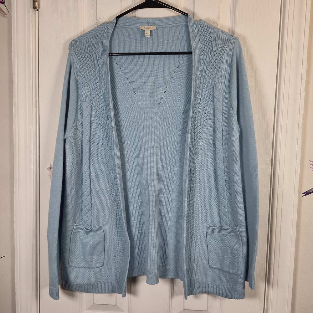 Talbots Petite Blue 100% Cotton Cable Knit Open Front Cardigan Sweater Pockets - Picture 2 of 7